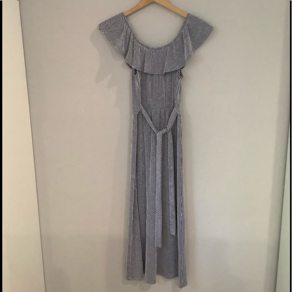 Blue and white striped maxi dress
